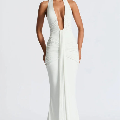 Load image into Gallery viewer, Deep V Neck Backless Ruched Sexy Maxi Dress Women Gown Summer Halter Sleeveless Draped Club Party Long Dress 2025
