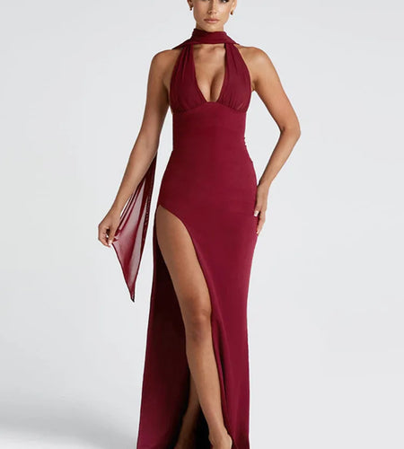 Scarf Collar Backless Sexy Maxi Dress Women Gown Fashion Halter Deep V Neck Thigh High Split Bodycon Long Dress