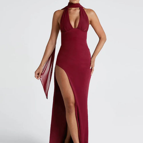 Load image into Gallery viewer, Scarf Collar Backless Sexy Maxi Dress Women Gown Fashion Halter Deep V Neck Thigh High Split Bodycon Long Dress
