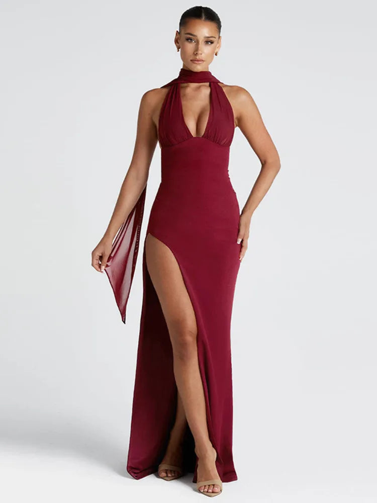 Scarf Collar Backless Sexy Maxi Dress Women Gown Fashion Halter Deep V Neck Thigh High Split Bodycon Long Dress