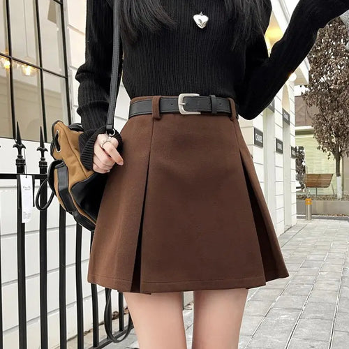 Load image into Gallery viewer, Black Party Woolen Mini Skirt Women Autumn Winter Brown A Line Wrap Hip Short Skirts Korean Fashion Harajuku Thick Pleated Skirt
