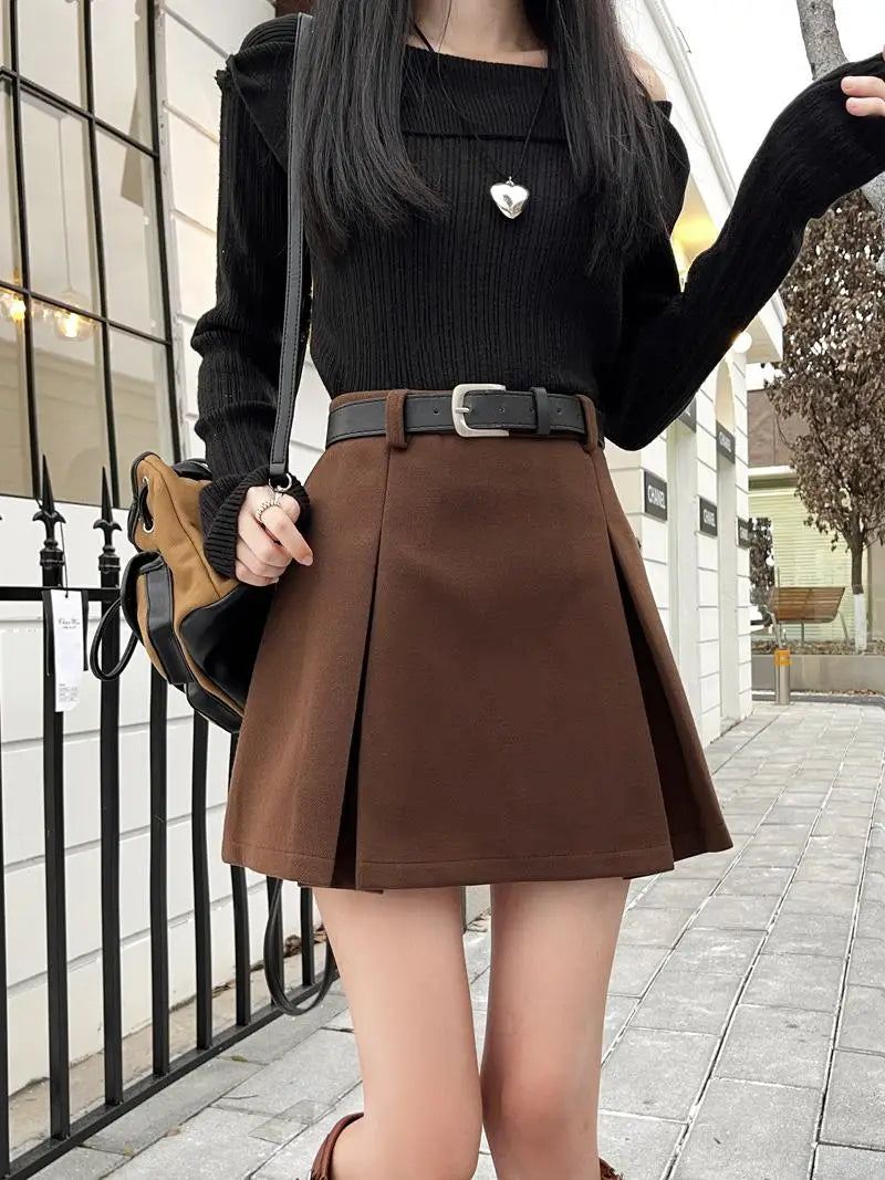 Black Party Woolen Mini Skirt Women Autumn Winter Brown A Line Wrap Hip Short Skirts Korean Fashion Harajuku Thick Pleated Skirt