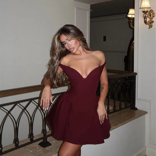 Load image into Gallery viewer, Off-shoulder Backless Sexy Mini Dress For Women Wine Red Sleeveless Strapless High Waist A-line Club Party Sexy Dress
