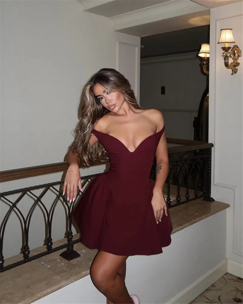 Off-shoulder Backless Sexy Mini Dress For Women Wine Red Sleeveless Strapless High Waist A-line Club Party Sexy Dress