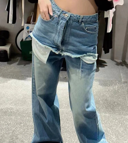 Minimalist Jeans For Women High Waist Patchwork Zipper Casual Loose Autumn Wide Leg Pants Female Fashion Clothing