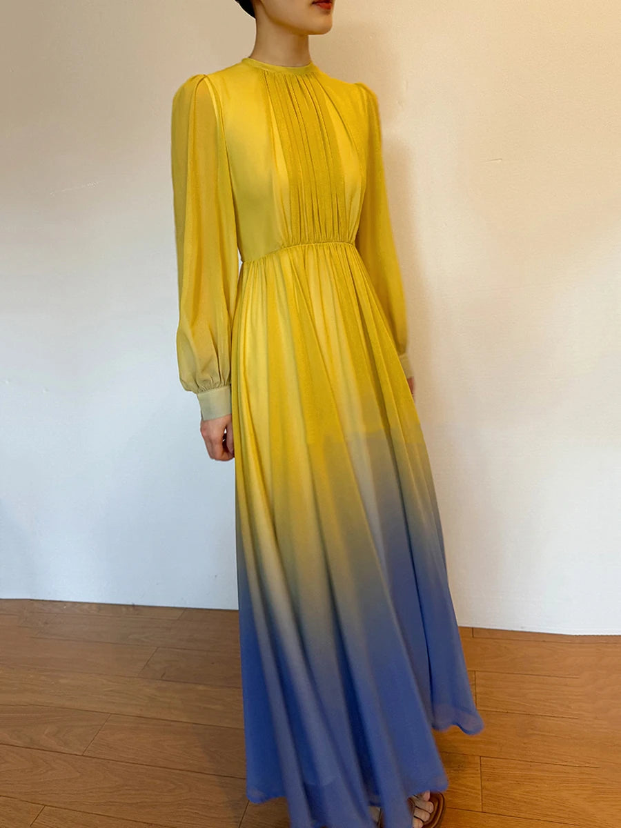 Hit Color Spliced Belt Elegant Dresses For Women O Neck Long Sleeve High Waist Casual Temperament Dress Female New