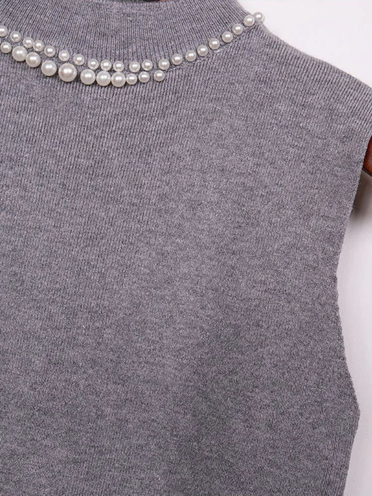 Spring Bottoming Sleeveless Vest Solid Camisole Inner Suit Beaded Sweaters Half Turtleneck Knitwear Tops B-023
