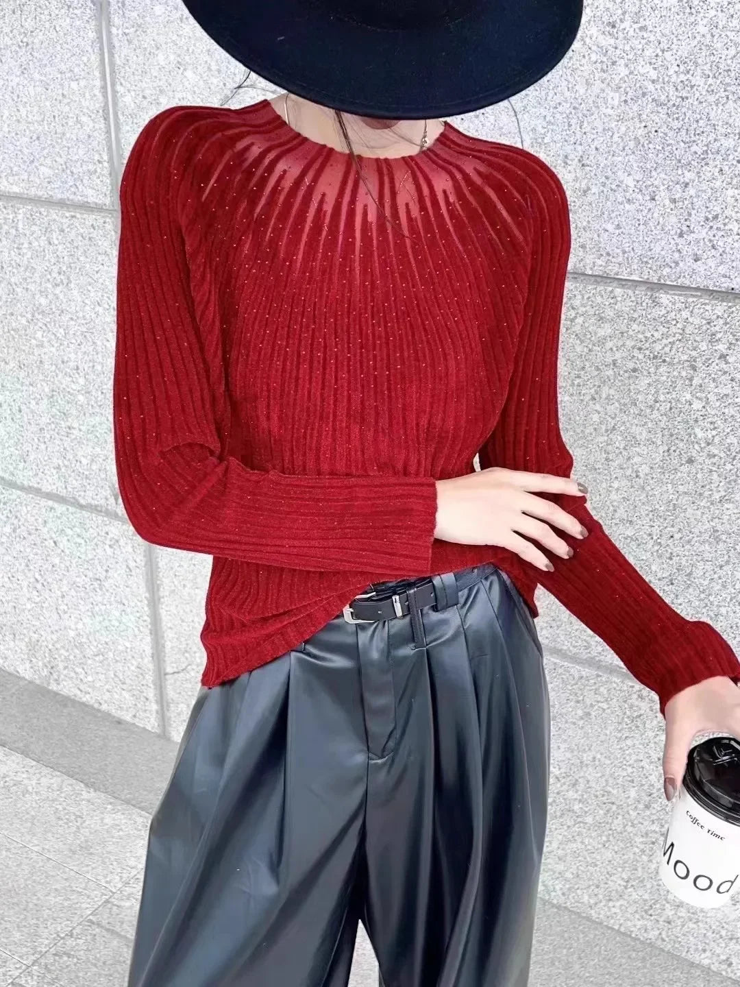 New Year European Clothes Red Velvet Sweater Women Turtleneck Rhinestone Slim Knit Top Long Sleeve Pullovers C-298