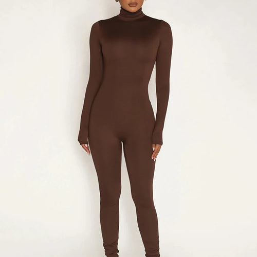 Load image into Gallery viewer, High Neck Long Sleeve Zipper Long Sleeve Jumpsuit Women Elastic Tight Casual Female Jumpsuit Temperament Outdoor Sporty
