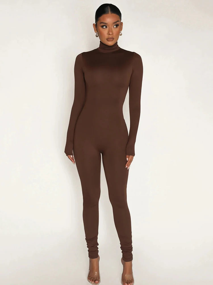 High Neck Long Sleeve Zipper Long Sleeve Jumpsuit Women Elastic Tight Casual Female Jumpsuit Temperament Outdoor Sporty