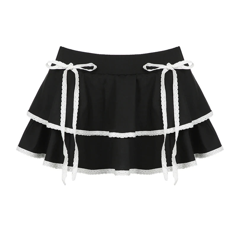 Vintage Fashion Lace Trim Y2K Summer Skirt Women Bow A-Line Mini Skirts Double Layer Cutecore Bottoms Contrast Color