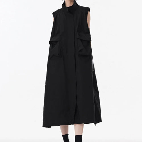 Load image into Gallery viewer, Women Green Pocket Hem Drawstring Big Size Vest Dress New Stand Collar Sleeveless Fashion Tide Spring Autumn 2025 1DJ0147
