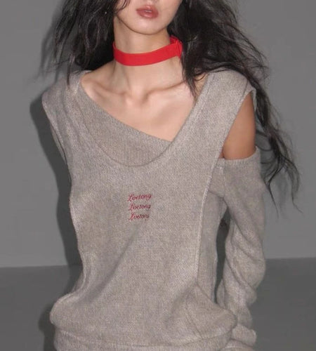 Y2k Aesthetic Fake Two Pieces Pullovers Harajuku Autumn Vintage Grunge Jumpers Letter Embroidery Loose Casual Sweaters Women Top