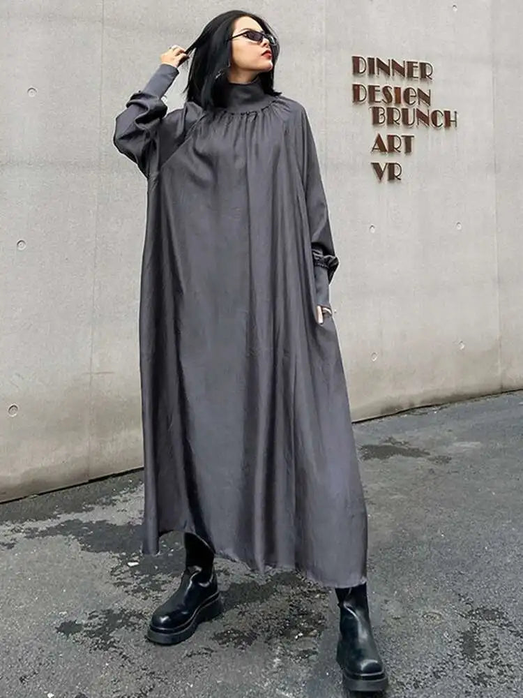 Women Gray Brief Long Big Size Elegant Dress New Turtleneck Long Sleeve Loose Fit Fashion Tide Spring Autumn 2025 1DH0252