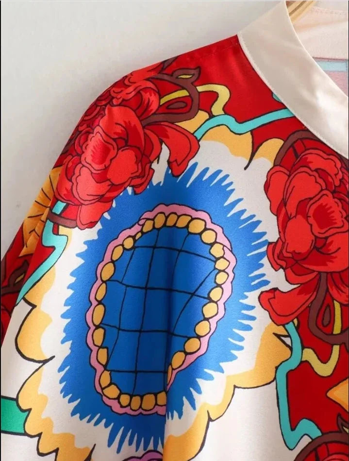 Stylish Selection Batwing Sleeves Flower Print Stand Collar Blouses Women Spring Summer High-low Buttoned Shirts Tops