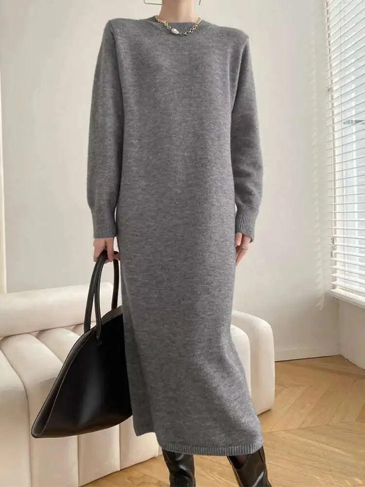 Women Rose Red Casual Midi Elegant Knitting Dress New Round Neck Long Sleeve Fashion Tide Spring Autumn 2025 1DH6450