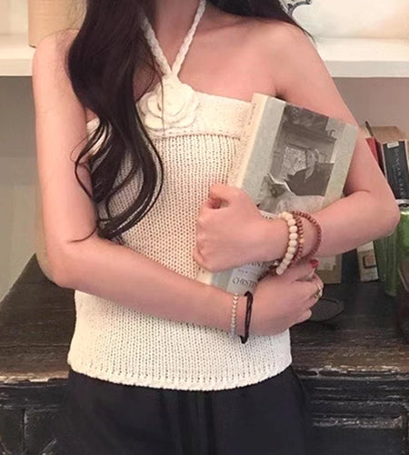 Solid Slimming Spliced 3D Flower Knitted Vests for Women Halter Sleeveless Elegant Vest Female Fashion Clothing New