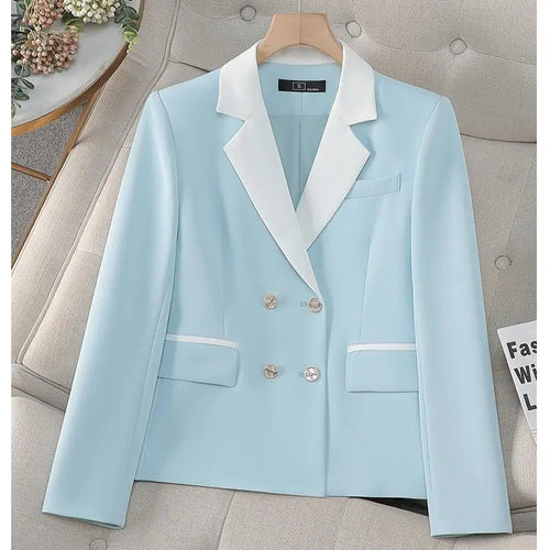 Load image into Gallery viewer, Spring Autumn Blue White Patchwork Office Festival Short Blazer Jackets 2025 Vintage Elegant Ladies Double Breasted Tops Popular
