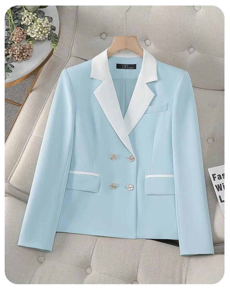 Spring Autumn Blue White Patchwork Office Festival Short Blazer Jackets 2025 Vintage Elegant Ladies Double Breasted Tops Popular