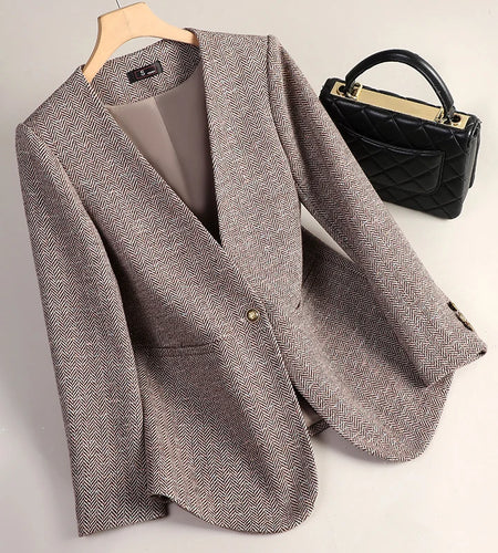 Korean Fashion Women Brown Long Sleeve Slim Woolen Blazer Coat 2024 New Autumn Winter Ladies Grey V Neck Single Button Jacket