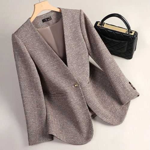 Load image into Gallery viewer, Korean Fashion Women Brown Long Sleeve Slim Woolen Blazer Coat 2024 New Autumn Winter Ladies Grey V Neck Single Button Jacket
