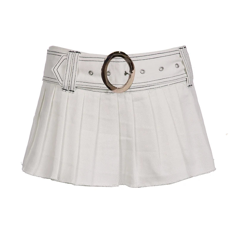 Streetwear White Summer Denim Skirt Women With Belt Low Waisted Hottie Sexy Pleated Skirt Mini Stitching Girls Bottom