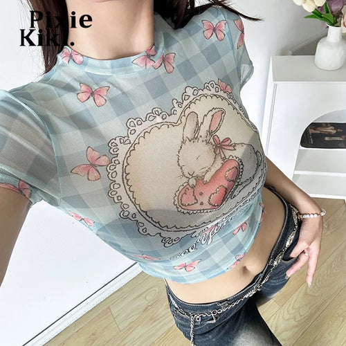 Load image into Gallery viewer, Mesh Printed Tshirt Short Sleeve Crop Top Kawaii Clothes for Women Y2k Baby Tee Cutecore Graphic T Shirts P67-BB10
