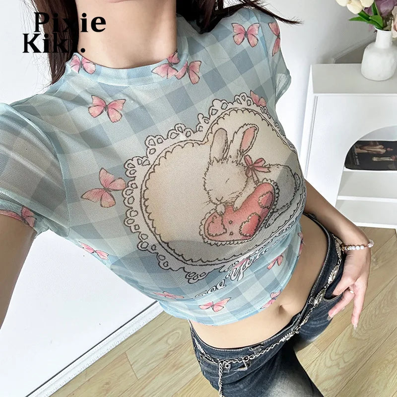 Mesh Printed Tshirt Short Sleeve Crop Top Kawaii Clothes for Women Y2k Baby Tee Cutecore Graphic T Shirts P67-BB10