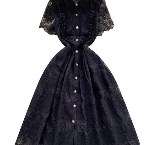 Load image into Gallery viewer, Summer French Retro Solid Elegant Lace Embroidery Single Breasted Temperament Long Dress Women Evening Party Princess Dress Chic
