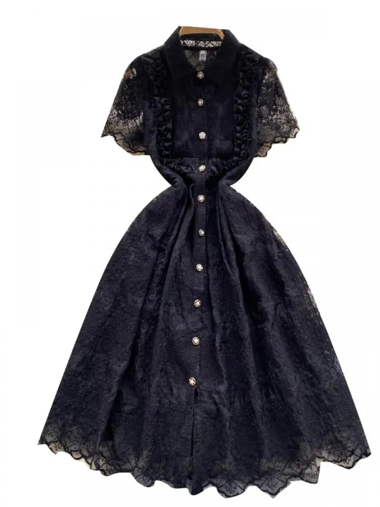 Summer French Retro Solid Elegant Lace Embroidery Single Breasted Temperament Long Dress Women Evening Party Princess Dress Chic