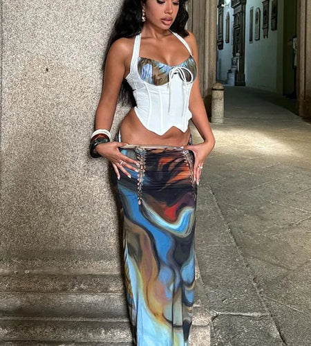 Sexy Skirt Two Piece Sets Women  Lace-up  Print Crop Tops And Maxi Skirt Matching Sets Ladies Fashion Club Party Sets