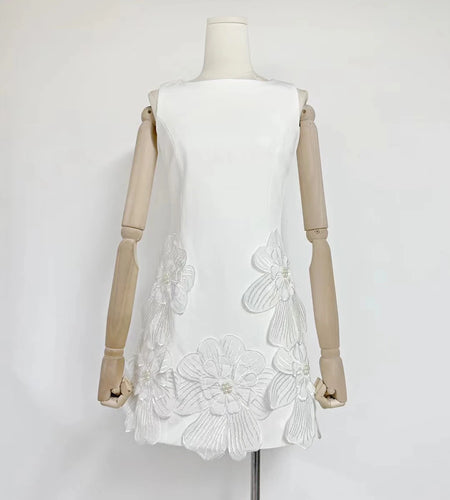 Solid Spliced Appliques Slimming Mini Dresses For Women O Neck Sleeveless High Waist Temperament Dress Female New