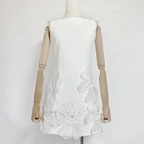 Load image into Gallery viewer, Solid Spliced Appliques Slimming Mini Dresses For Women O Neck Sleeveless High Waist Temperament Dress Female New
