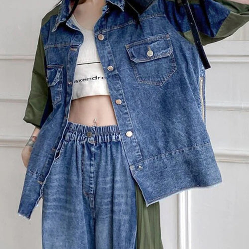 Load image into Gallery viewer, Hit Color Denim Shirts For Women Lapel Puff Sleeve Spliced Button Loose Casual Blouse Female Fashion Clothing
