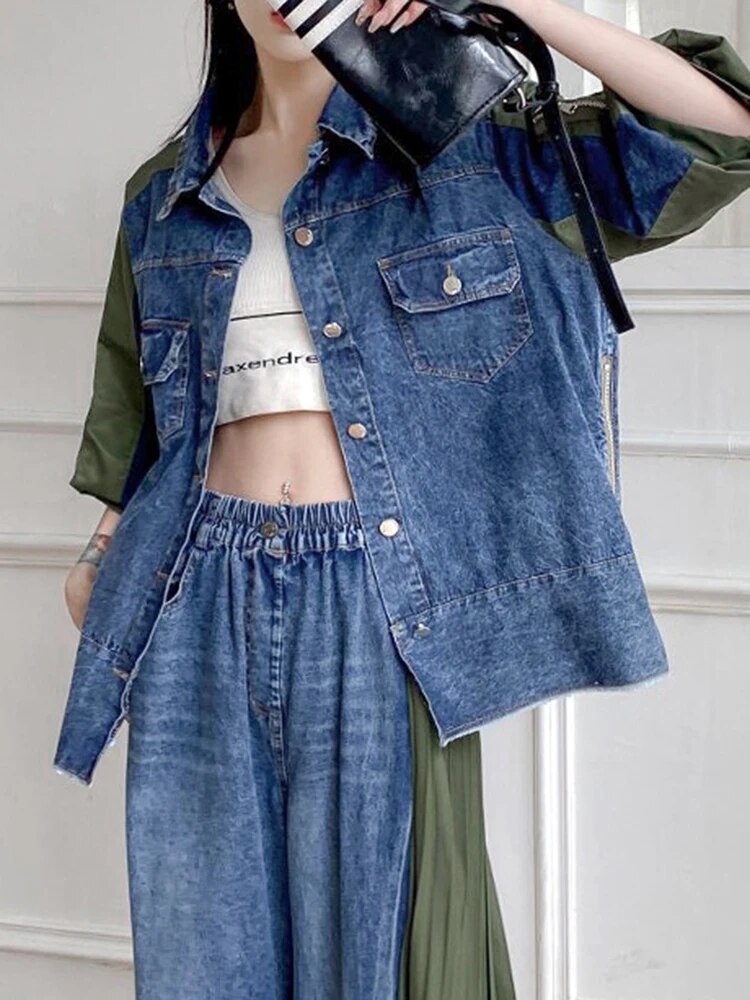 Hit Color Denim Shirts For Women Lapel Puff Sleeve Spliced Button Loose Casual Blouse Female Fashion Clothing