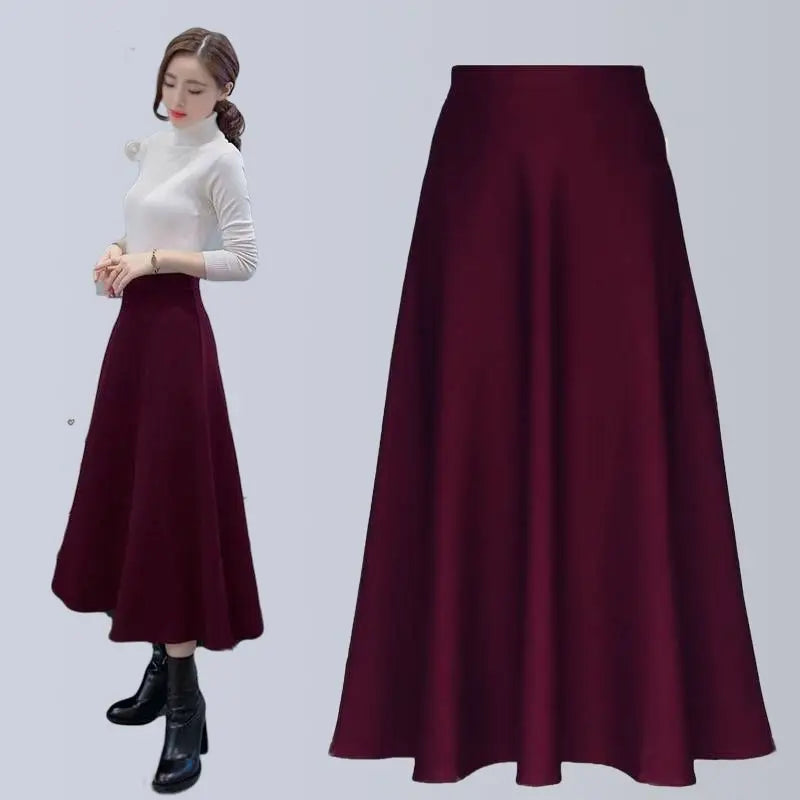 Black Elastic High Waist Pocket Long Skirt Women's Spring And Autumn Basic Casual Pleated Plus Size Slim Versatile Red Skirt
