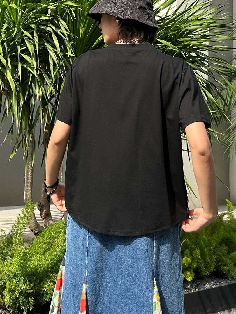 Women Black Pocket Button Big Size Casual T-shirt New Round Neck Short Sleeve Fashion Tide Spring Summer 2025 1DJ1616