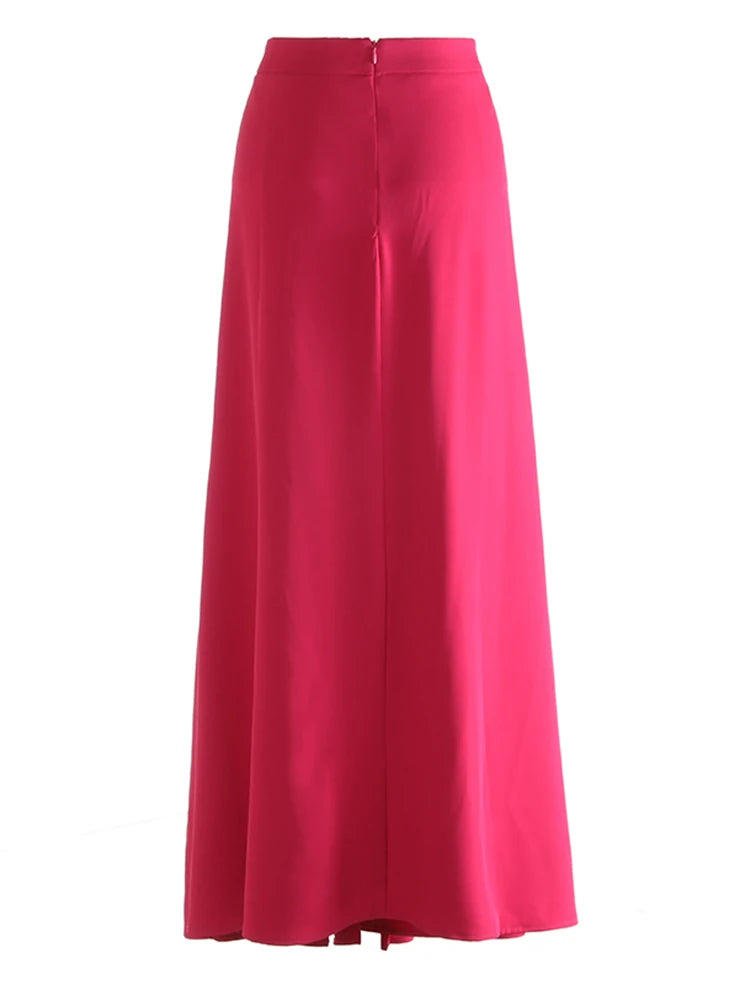 High Waist Rose Red Rivet Pleated Elegant Long A-line Half-body Skirt Women Fashion Tide New Spring Autumn 2025 1DJ0915