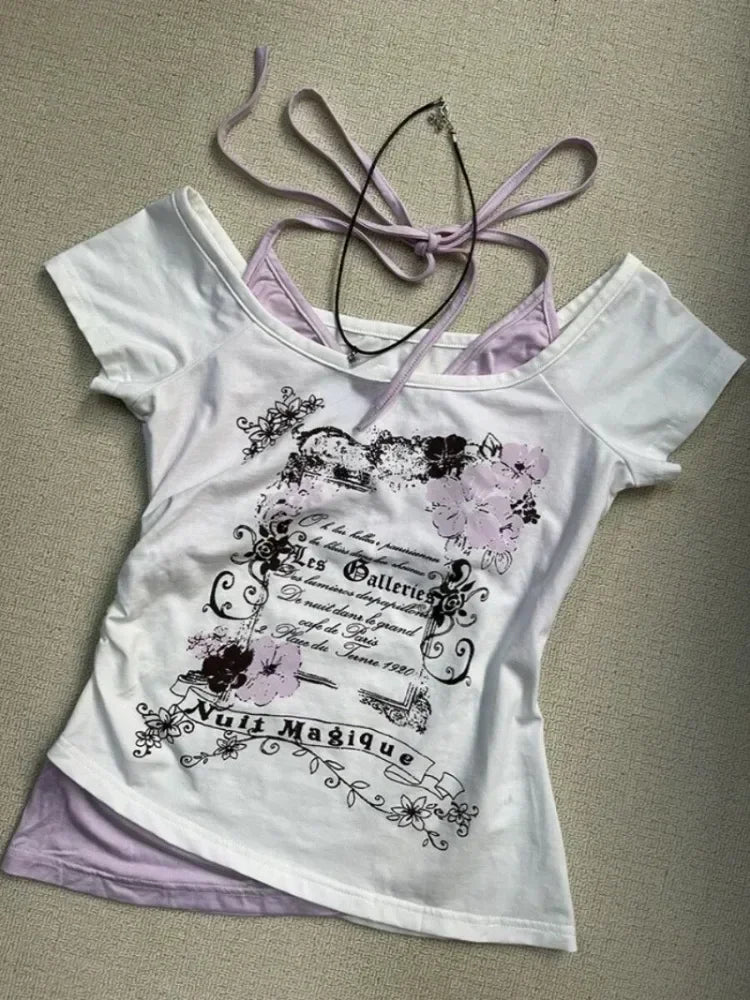 Summer Fake Two Pieces Halter Bandage Vintage T-shirts Y2k Aesthetic Slim Crop Tops Women Grunge Print Harajuku Casual Sexy Tee