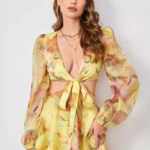 Load image into Gallery viewer, Sexy Deep V-print Long Sleeved Lace Up Women Playsuit Autumn Casual Lantern Sleeve Chiffon Elegant Holiday Party Beach
