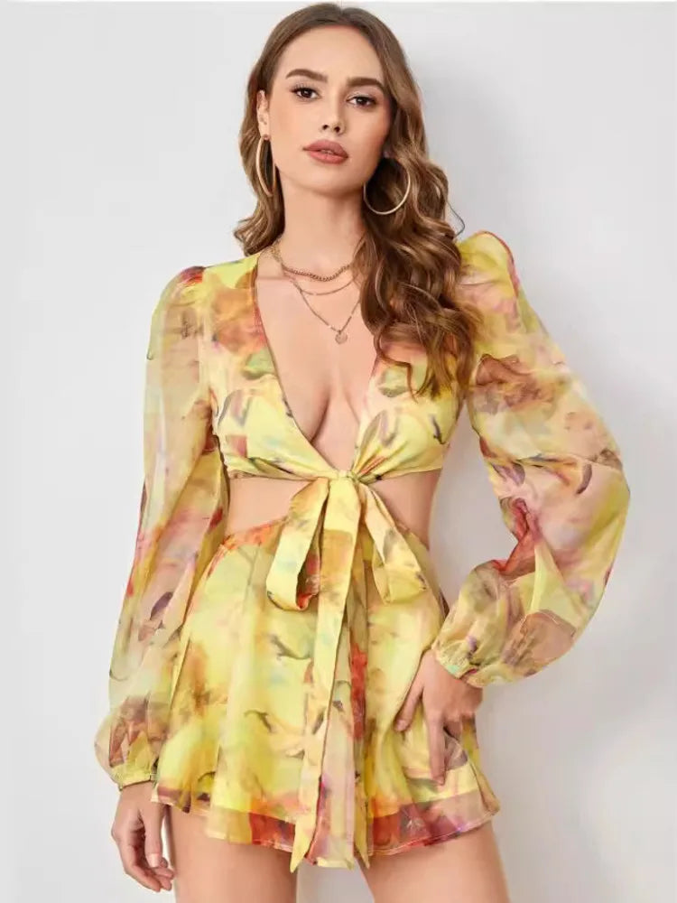 Sexy Deep V-print Long Sleeved Lace Up Women Playsuit Autumn Casual Lantern Sleeve Chiffon Elegant Holiday Party Beach