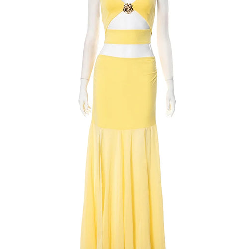 Load image into Gallery viewer, Yellow Sexy Skirt Two Piece Sets Women Halter Lace-up Crop Tops And Maxi Skirt Female Elegant Club 2 Piece Sets Dress
