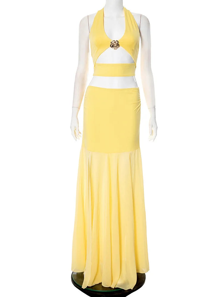 Yellow Sexy Skirt Two Piece Sets Women Halter Lace-up Crop Tops And Maxi Skirt Female Elegant Club 2 Piece Sets Dress