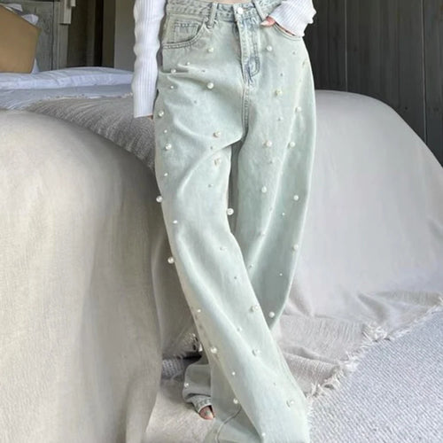 Load image into Gallery viewer, Spliced Pearls Jeans For Women High Waist Full Length Vintage Casual Wide Leg Jean Female Fashion Style Clothing
