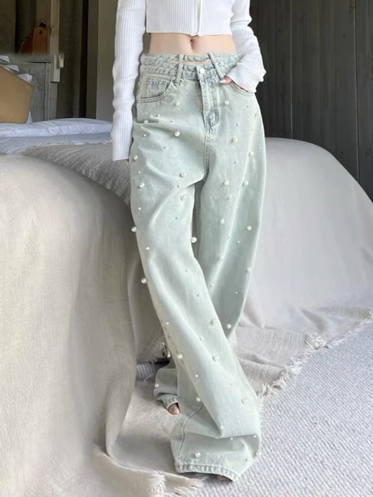 Spliced Pearls Jeans For Women High Waist Full Length Vintage Casual Wide Leg Jean Female Fashion Style Clothing