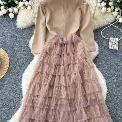 Load image into Gallery viewer, Autumn 2024 New Black Mesh Patchwork Sequin Elegant Long Sleeve Slim Dress Korean Women Khaki Temperament High Waist Cake Dress
