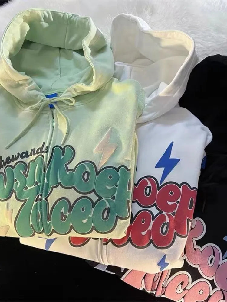 Deeptown American Retro Zip Up Graphic Hoodies Women Streetwear Loose Letter Printed Hooded Sweatshirts Hiphop Thin Top