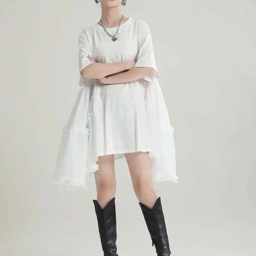 Load image into Gallery viewer, Women Black Ruffles Irregular Big Size Mini Dress New Round Neck Short Sleeve Fashion Tide Spring Summer 2025 1DH9574
