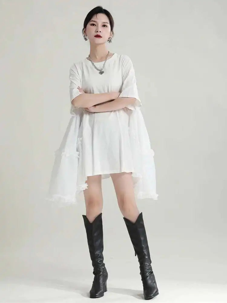 Women Black Ruffles Irregular Big Size Mini Dress New Round Neck Short Sleeve Fashion Tide Spring Summer 2025 1DH9574