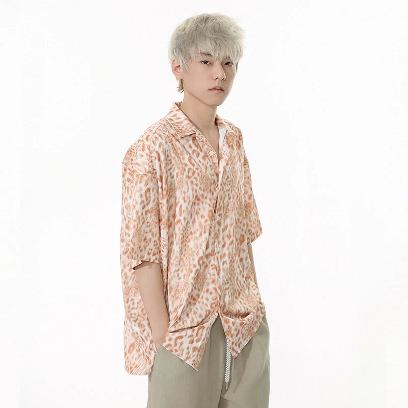 Leopard Print Men's Shirts Lapel Drape Contrast Color Short Sleeve Casual Clothing Single Breasted Loose Male Tops 9W1258